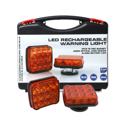 Lanterna de aviso LED recarregável laranja com base magnética e estojo plástico preto e branco