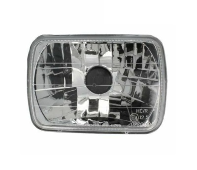 Farol automóvel rectangular com lente facetada e texto HC/R 12.5 0229