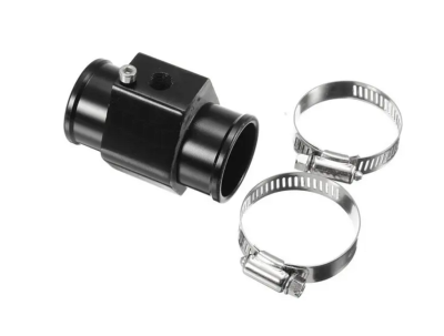 Conjunto de adaptador tubular preto com duas porcas e duas abraçadeiras metálicas prateadas ajustáveis