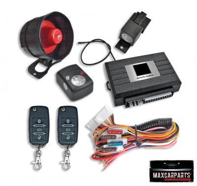 Sistema de alarme automóvel com sirene, controlador, comandos e fios multicoloridos