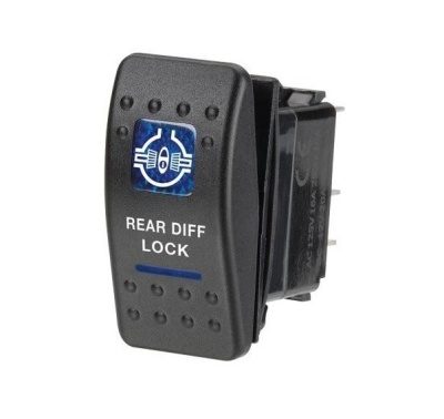 Interruptor preto com texto REAR DIFF LOCK e símbolo azul e branco
