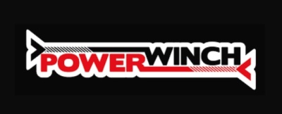 Logotipo POWERWINCH com setas preta e vermelha em fundo preto