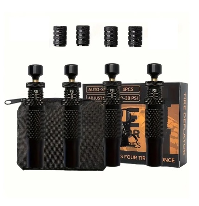 Conjunto de desinfladores de pneus em metal preto com estojos e embalagem