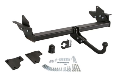 Conjunto de reboque metálico preto com componentes e parafusos