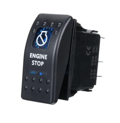Interruptor elétrico preto tipo rocker com texto branco ENGINE STOP