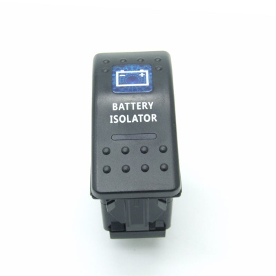 Interruptor isolador de bateria preto com texto e símbolo azul