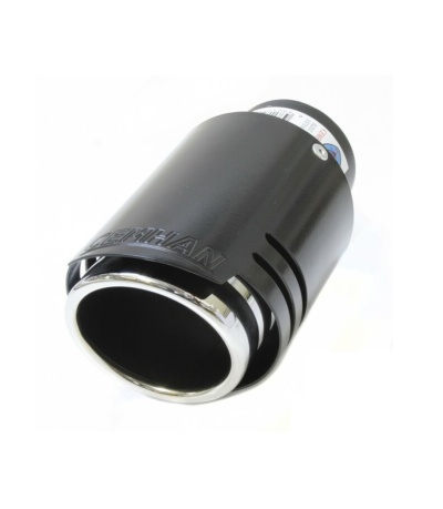 Saída de escape automóvel preta e cromada com gravação RELIEF e etiqueta na parte superior