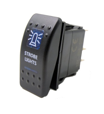 Interruptor preto com ícone azul e texto STROBE LIGHTS