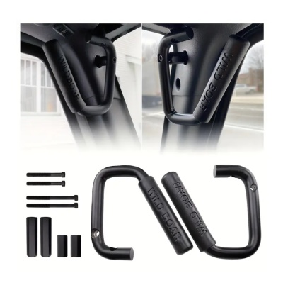 Pegas de segurança para carro em metal preto com gravação 'RROGE GRIP' e acessórios de montagem