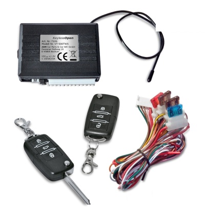 Kit sistema entrada automóvel sem chave com módulo, antena, fios e comandos pretos.