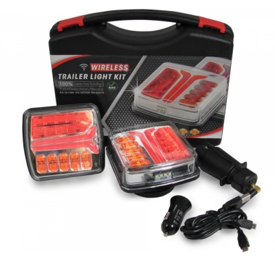 Kit de luzes sem fios para reboque com duas luzes quadradas vermelhas e laranja e acessórios num estojo preto e vermelho