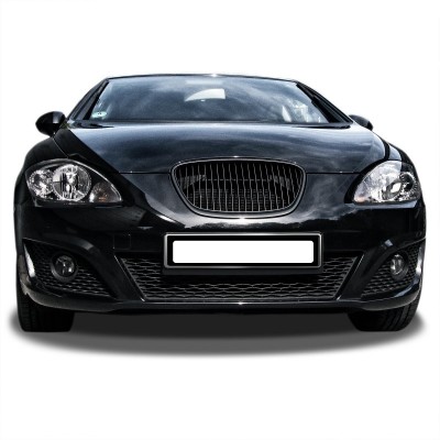 Frontal de automóvel preto com faróis claros e matrícula branca