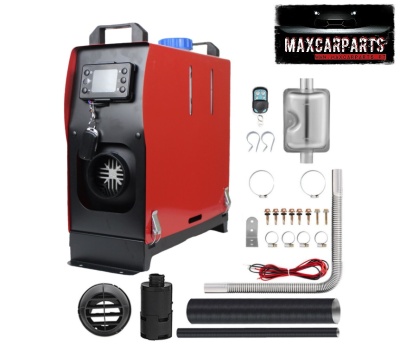 Termoventilador automóvel vermelho e preto com acessórios e selo MAXCARPARTS