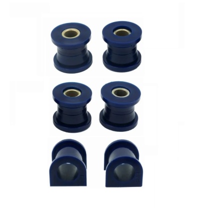 Conjunto de peças cilíndricas e em forma de U azul escuro com inserções metálicas.