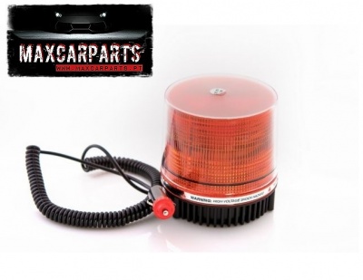 Luz de sinalização vermelha com cabo e base preta ao lado de logótipo MAXCARPARTS