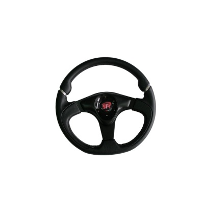 Volante de carro desportivo preto com três raios e letras SR no centro