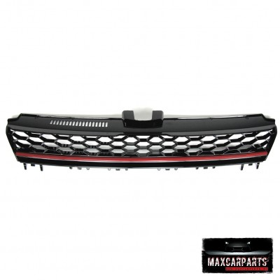 Grelha dianteira preta com padrão de colmeia e linha vermelha