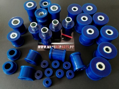 Conjunto de buchas azuis com texto WWW.MAYCARPARTS.PT