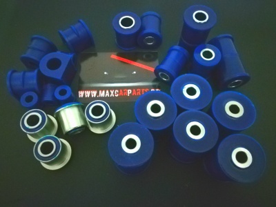 Buchas automóveis azuis e metálicas sobre superfície preta com texto WWW.MAXCARPARTS