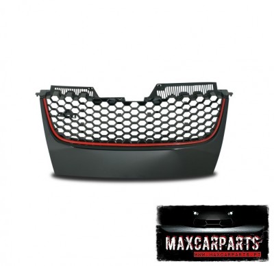 Grelha frontal preta com padrão colmeia e detalhe vermelho