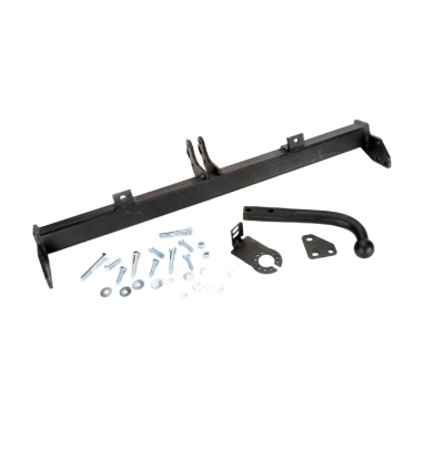 Conjunto de reboque metálico com barra preta, gancho em L, parafusos e arruelas