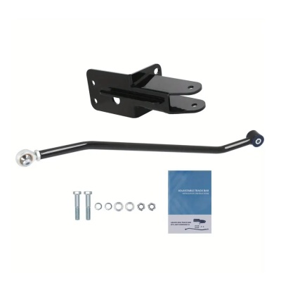 Conjunto de suporte e barra de metal pretos com parafusos, porcas, anilhas e manual de instruções.