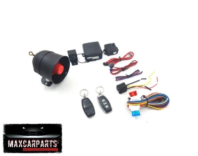 Conjunto de alarme automóvel com sirene, comandos, fios e módulos