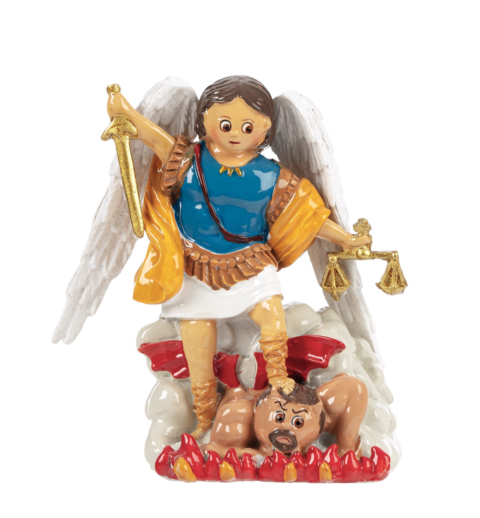 Estatueta de anjo com espada e balança sobre homem em chamas