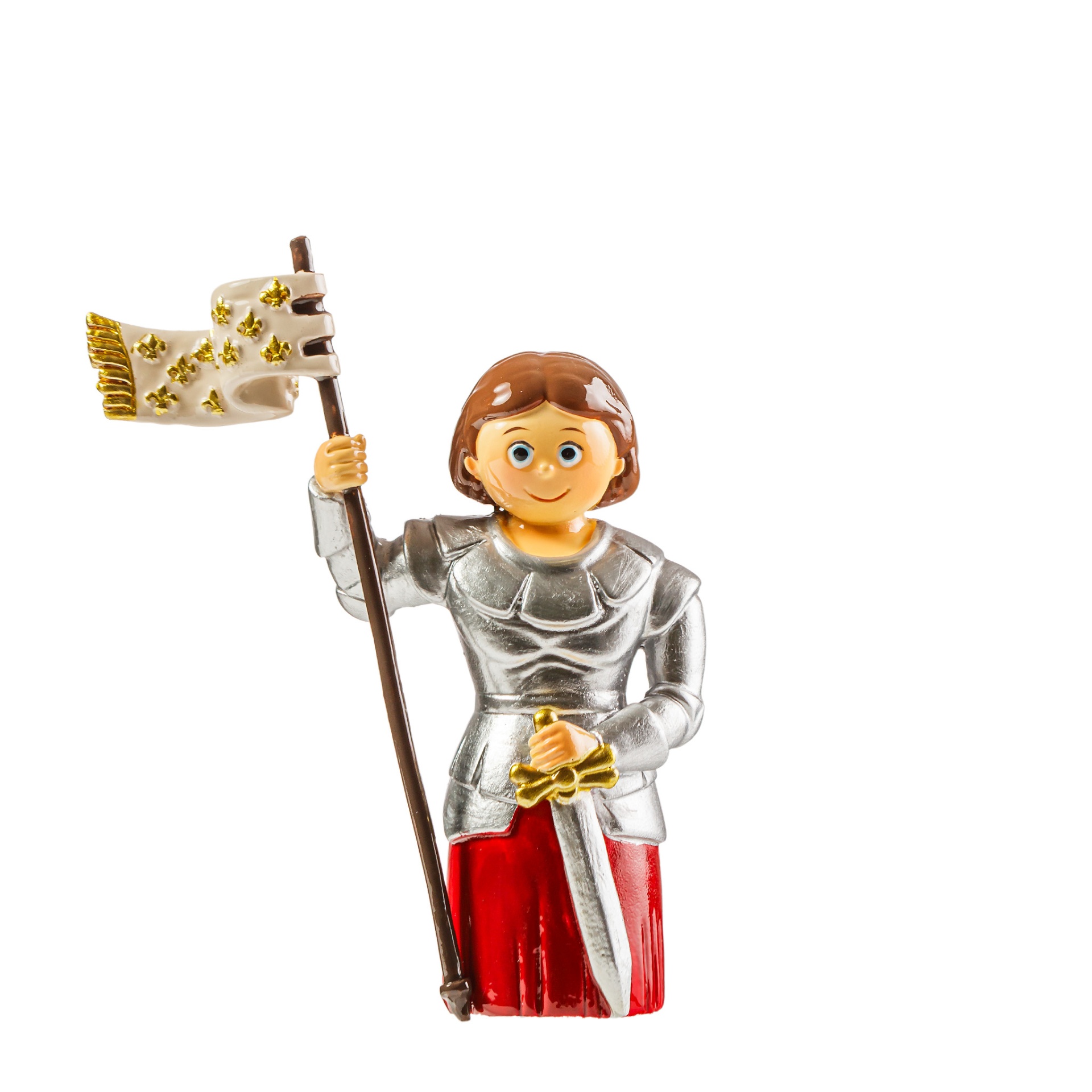 Figura de brinquedo com armadura prateada e bandeira branca com estrelas douradas