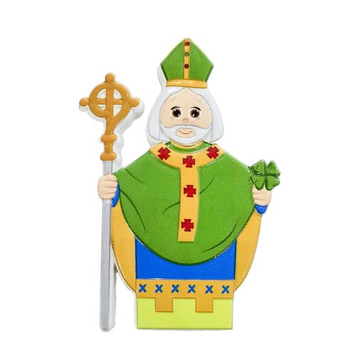 Figura decorativa de bispo em madeira pintada com manto verde