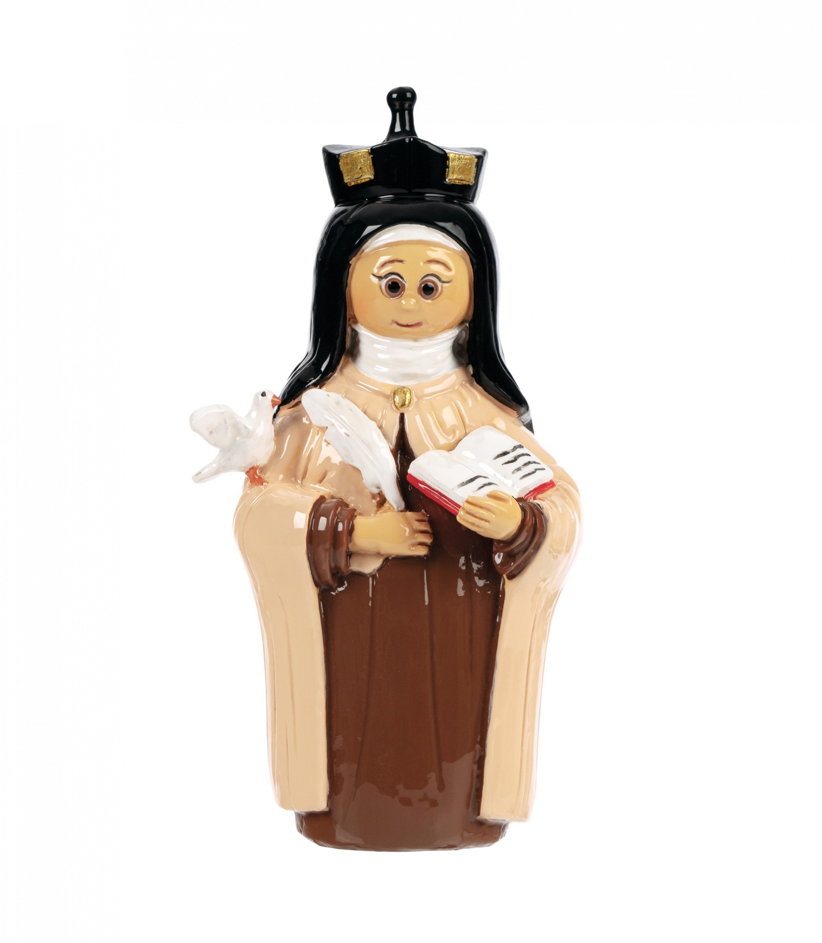 Estatueta de freira em porcelana com coroa preta e pomba