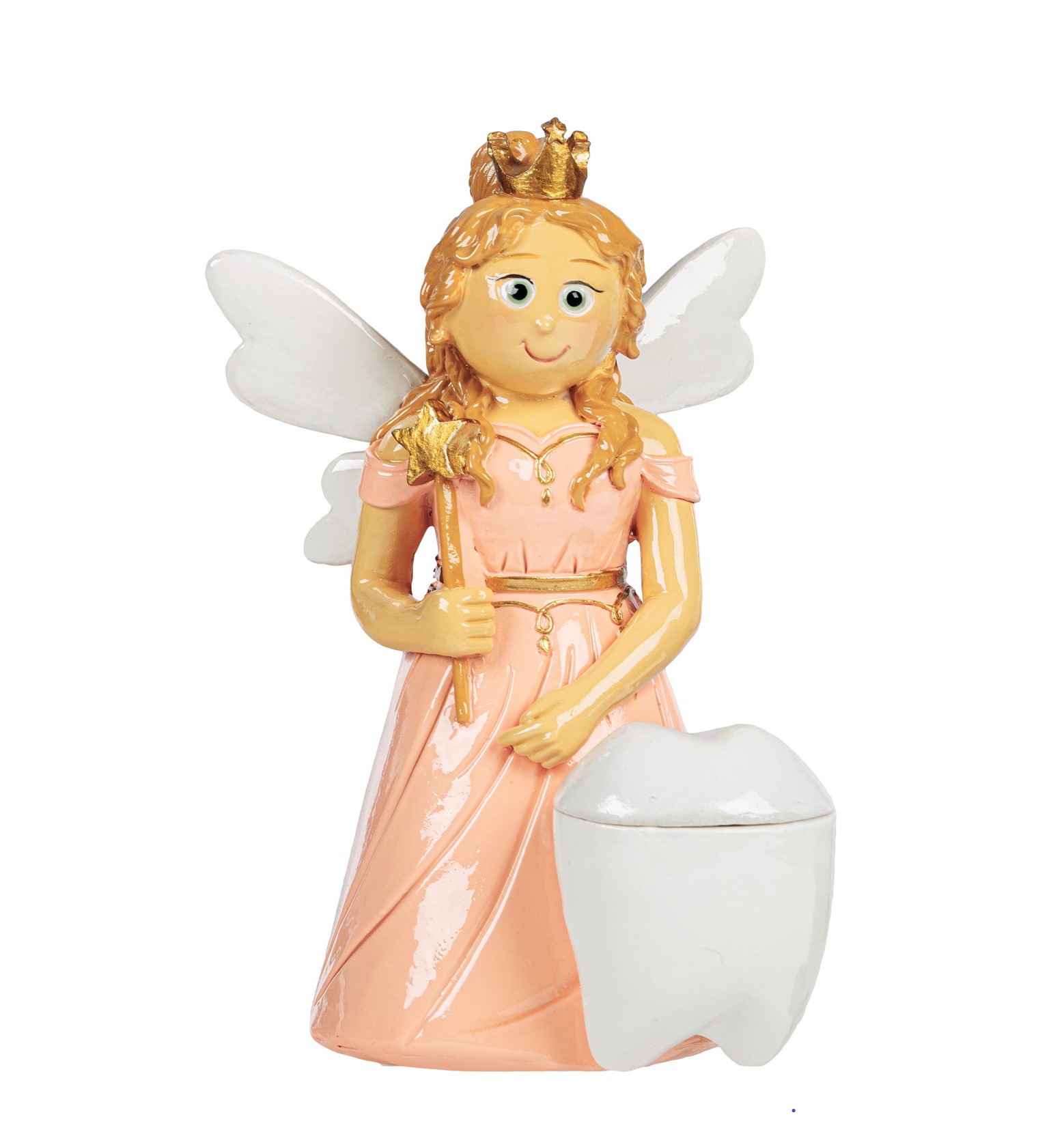 Figura de fada cor-de-rosa com asas e um grande dente branco ao lado
