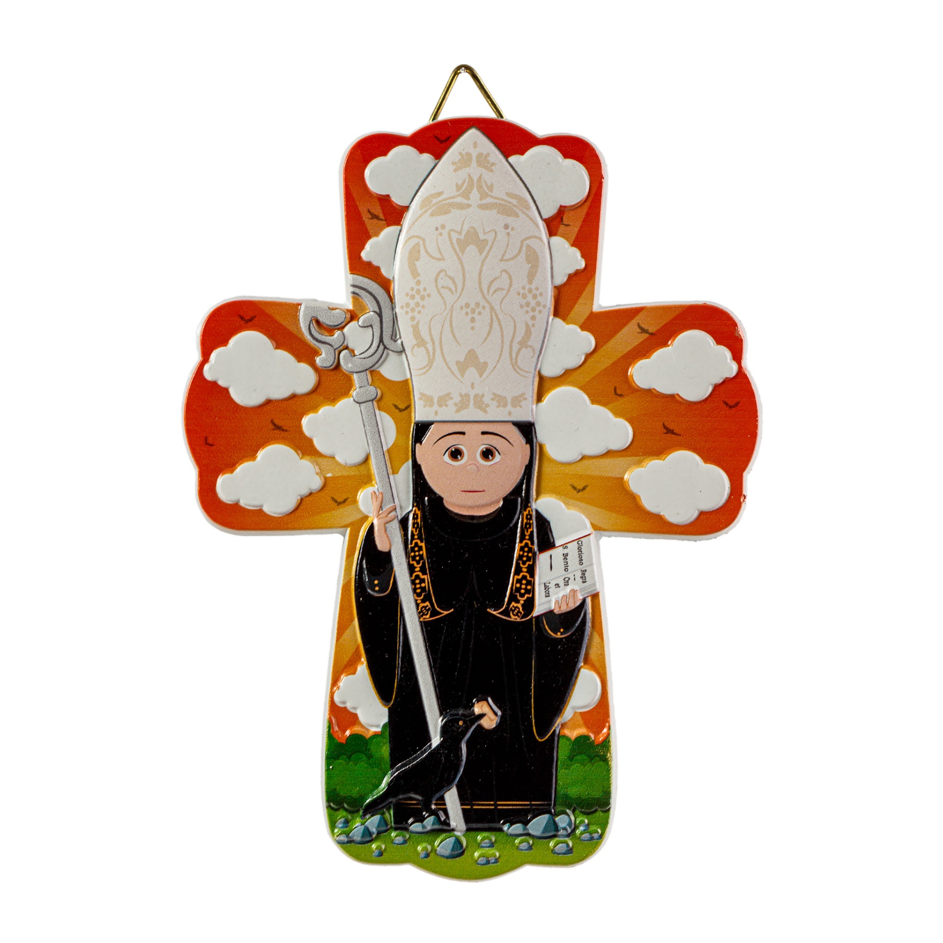 Cruz decorativa de madeira com figura de bispo em mitra branca e vestes pretas