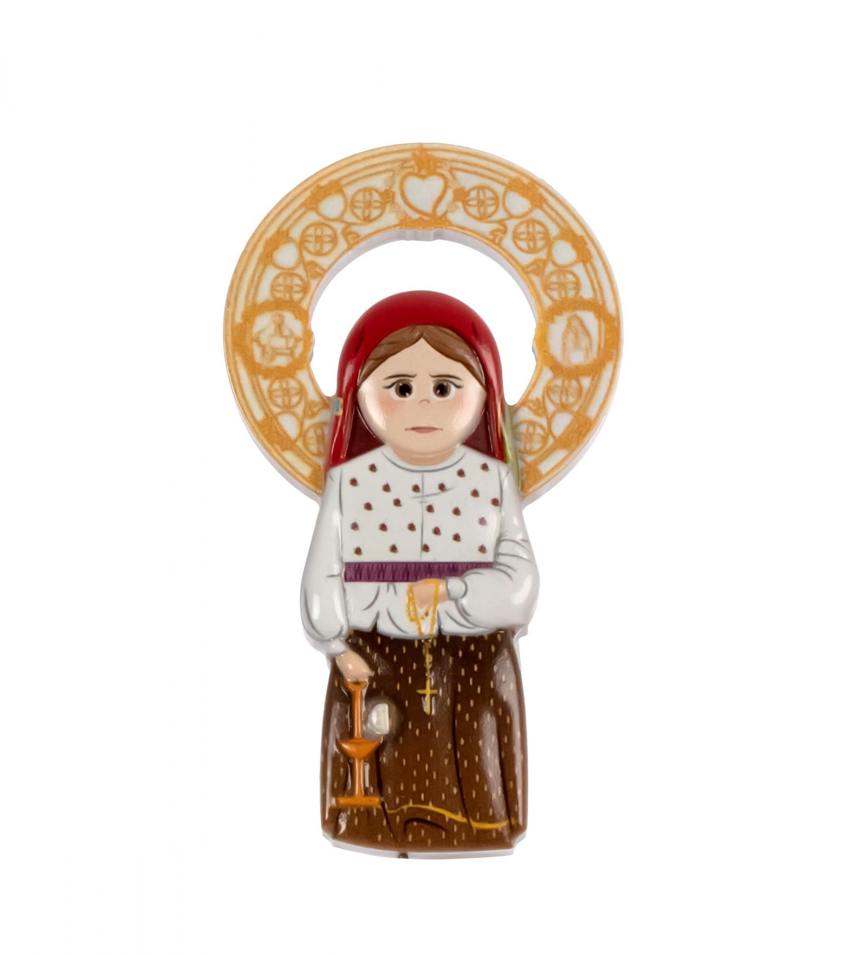 Figura religiosa de cerâmica com lenço vermelho e círculo dourado decorativo