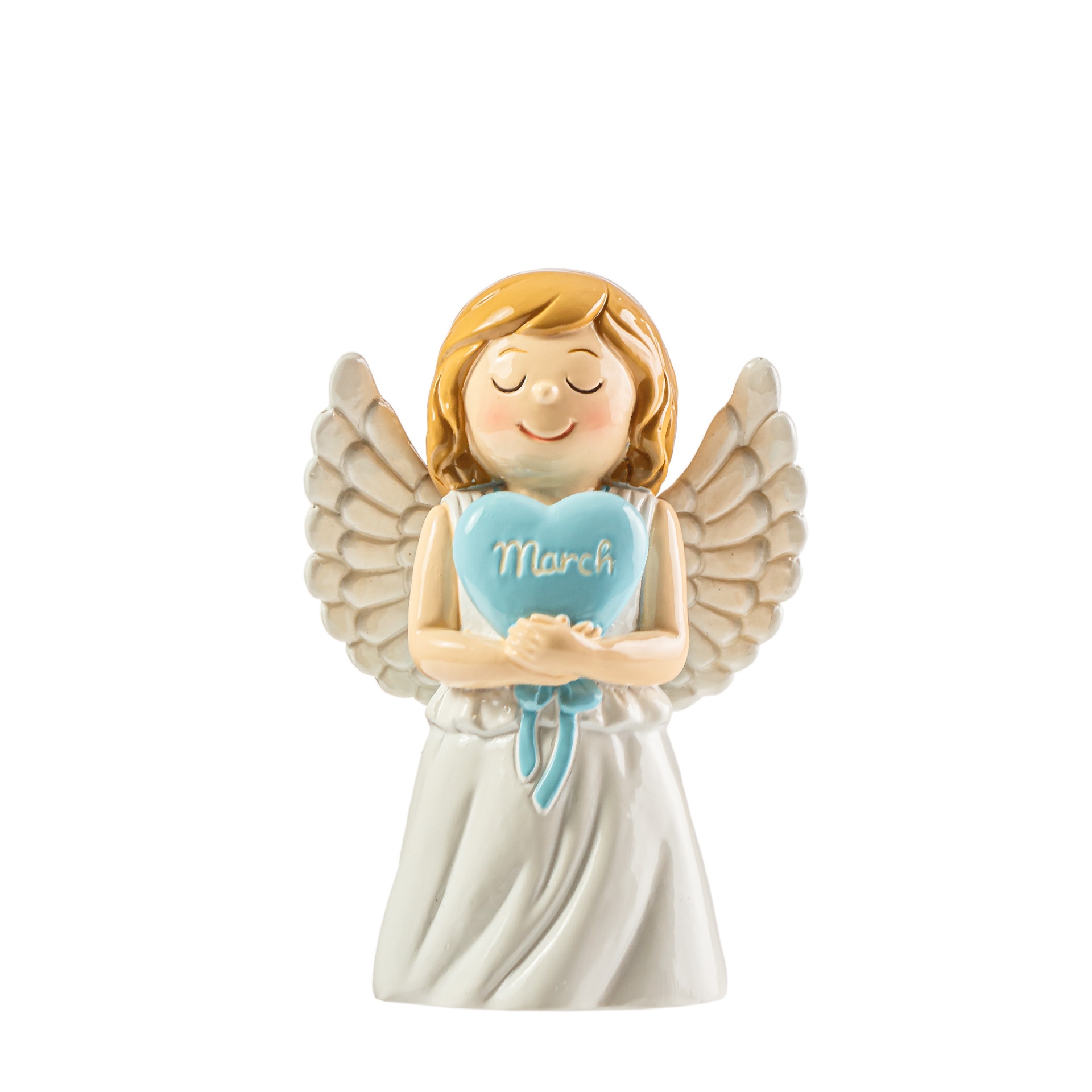 Figura de anjo em cerâmica segurando coração azul com texto March