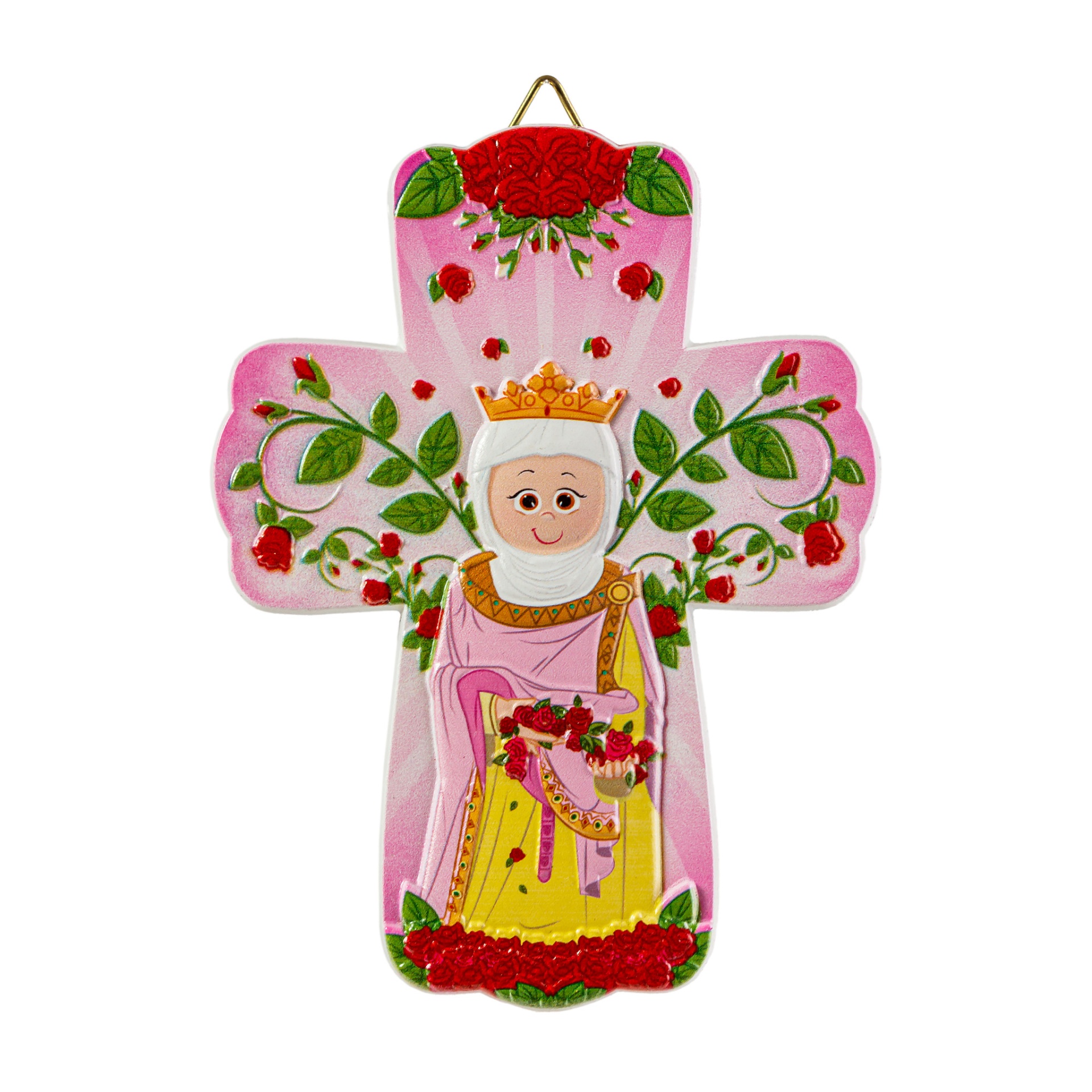 Cruz decorativa rosa com figura feminina e motivos florais