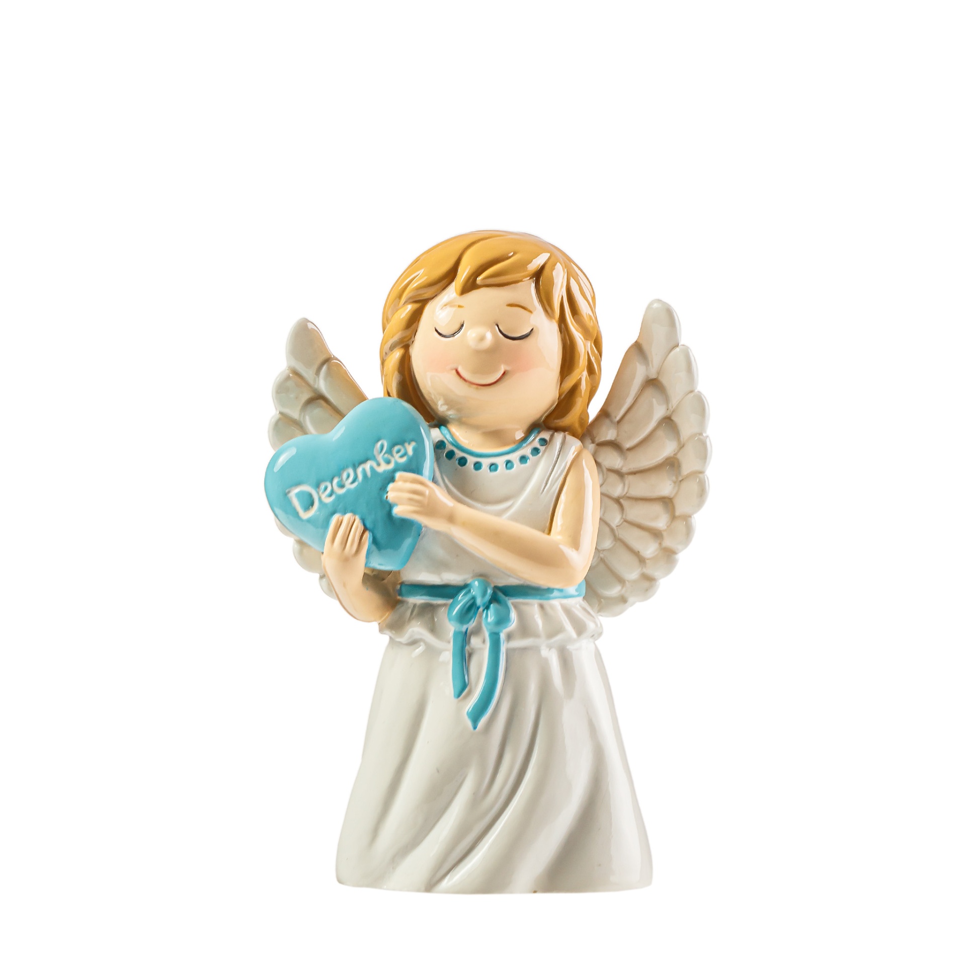 Figura decorativa de anjo segurando coração azul com texto