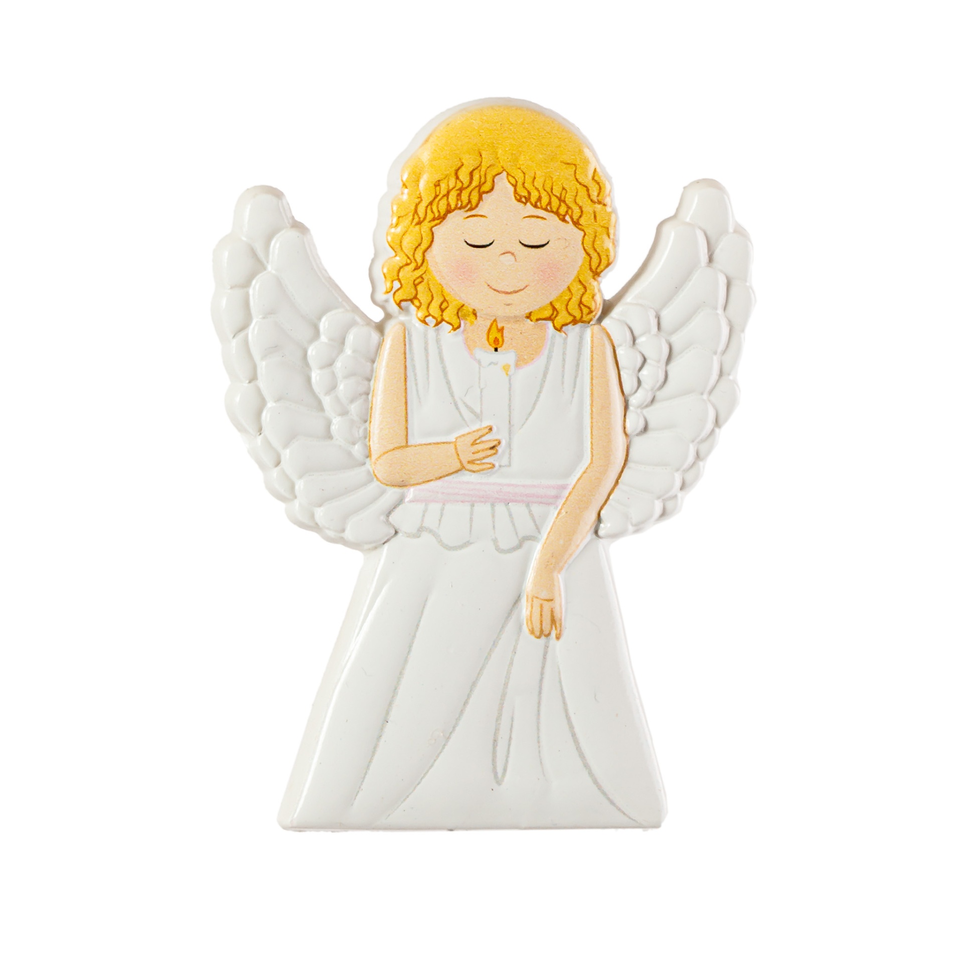 Estatueta de anjo branco com cabelo loiro e vela