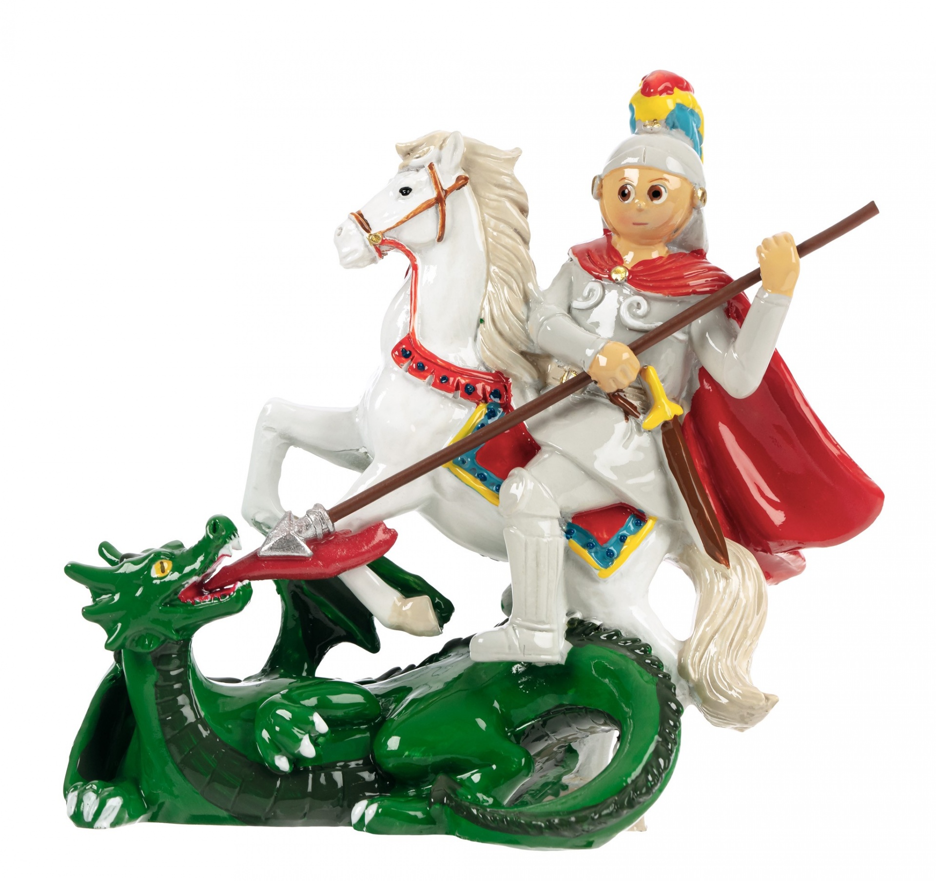 Figura decorativa de cavaleiro a lutar com dragão