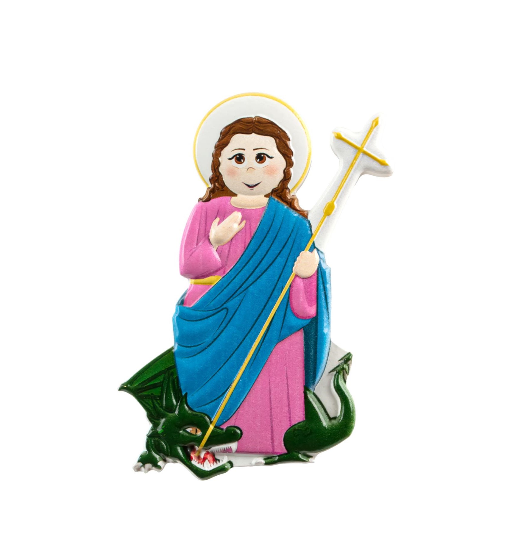 Figura colorida de santa com cetro e dragão verde aos pés