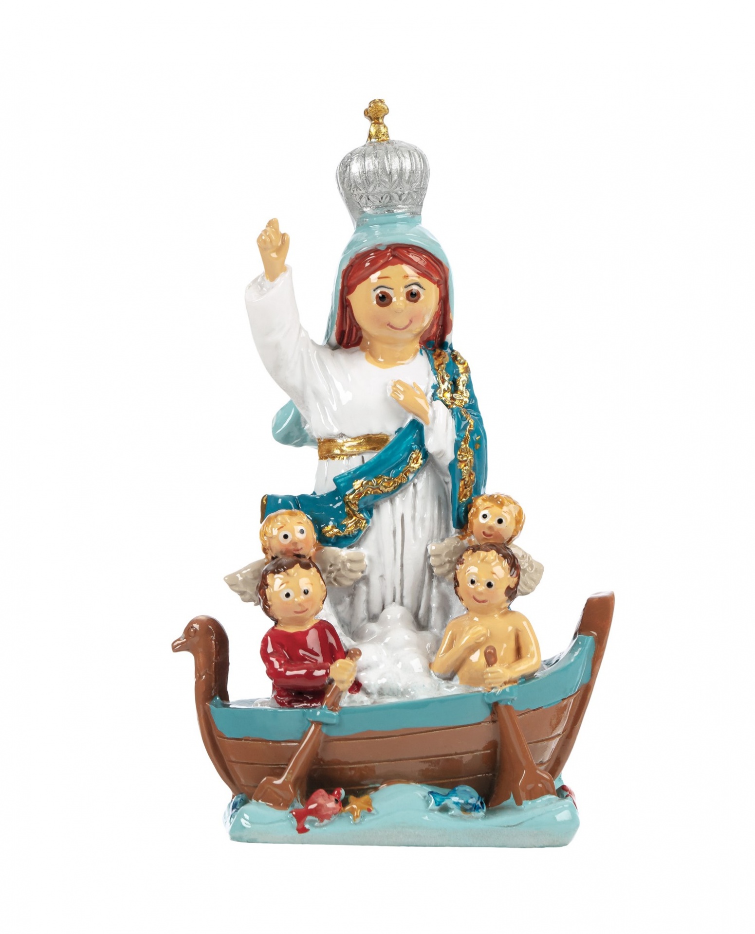 Estátua de Jesus com coroa e três anjinhos num barco