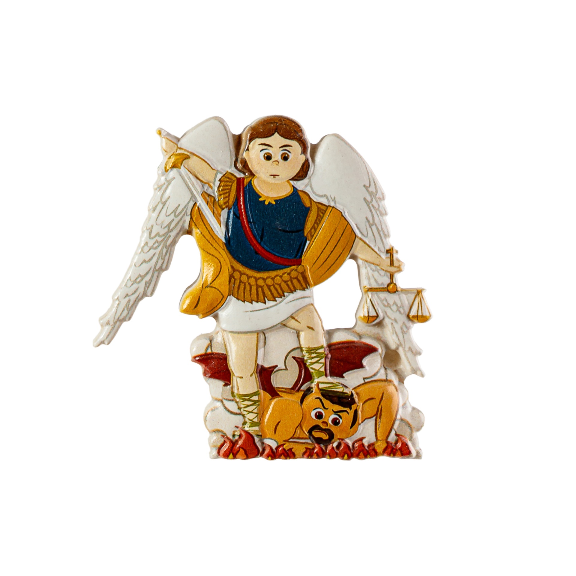 Figura decorativa de São Miguel Arcanjo em resina com asas e armadura