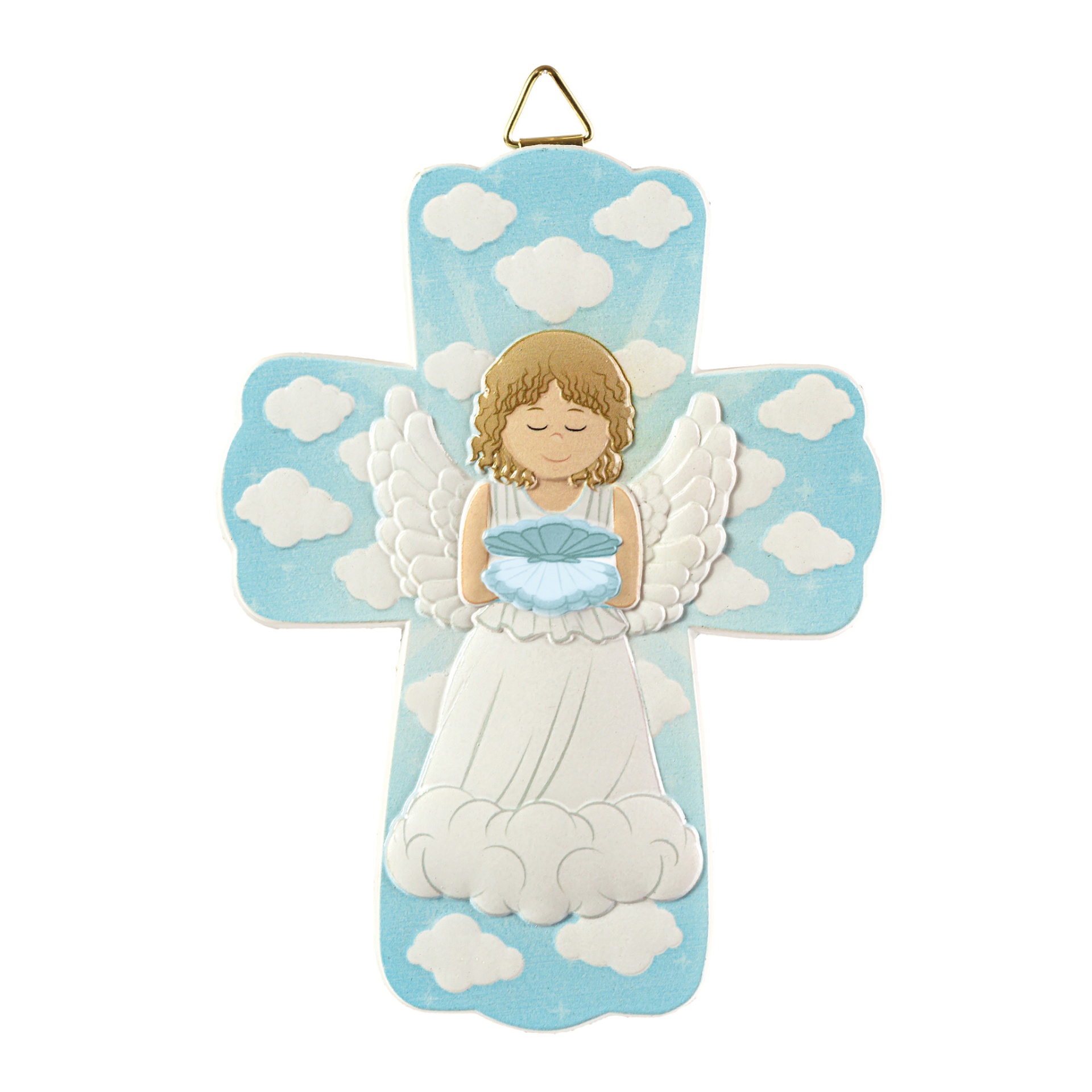 Cruz decorativa azul claro com anjo segurando concha e nuvens brancas
