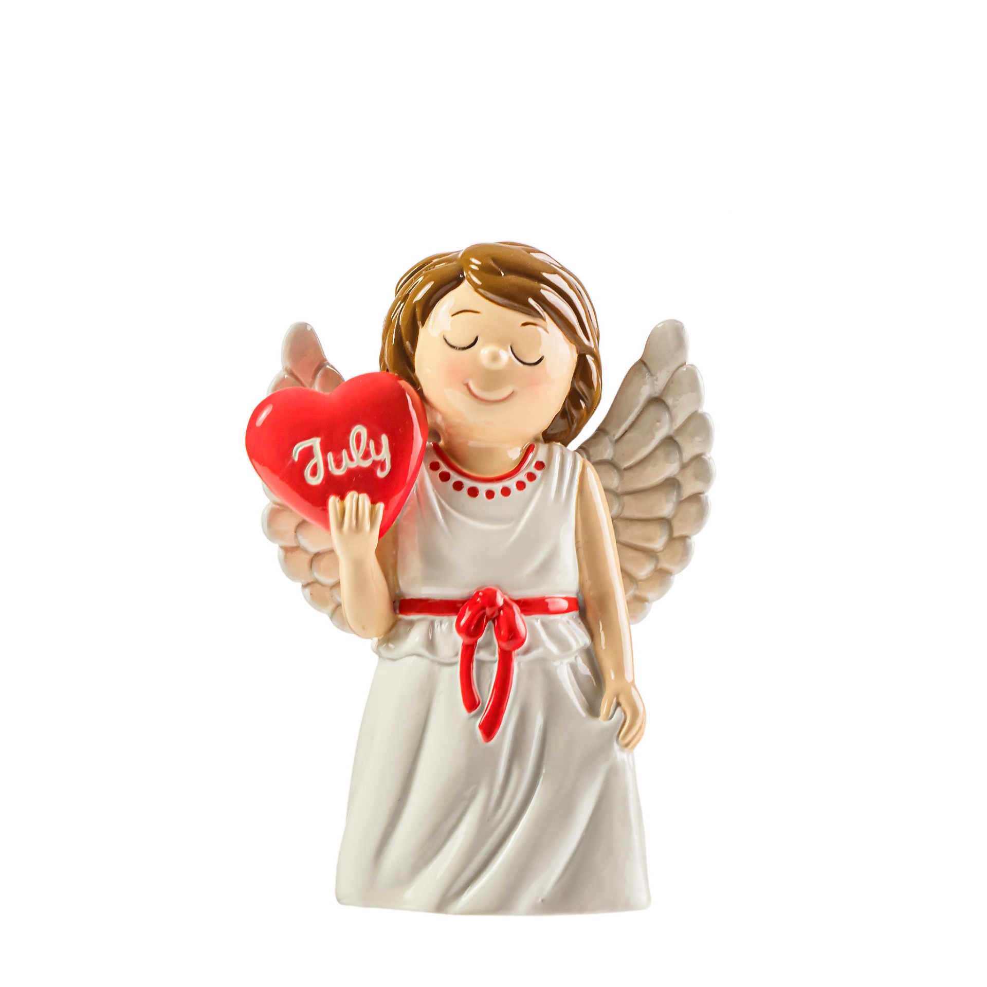 Figurinha anjo cerâmica com coração vermelho 'July'
