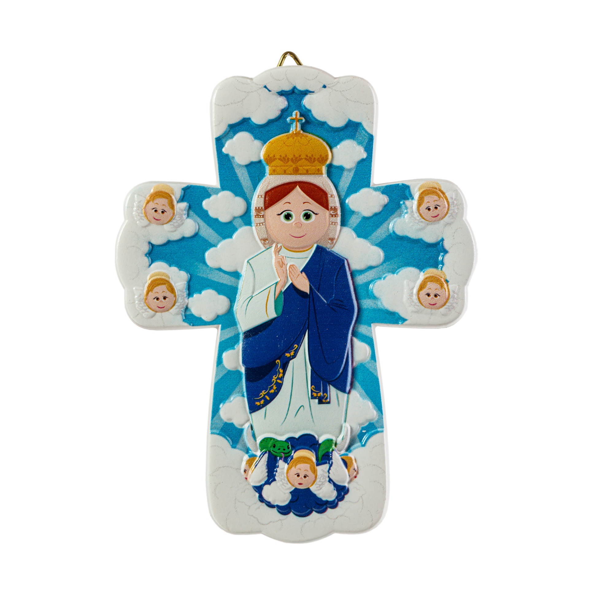 Cruz decorativa em madeira com imagem religiosa colorida e nuvens azuis