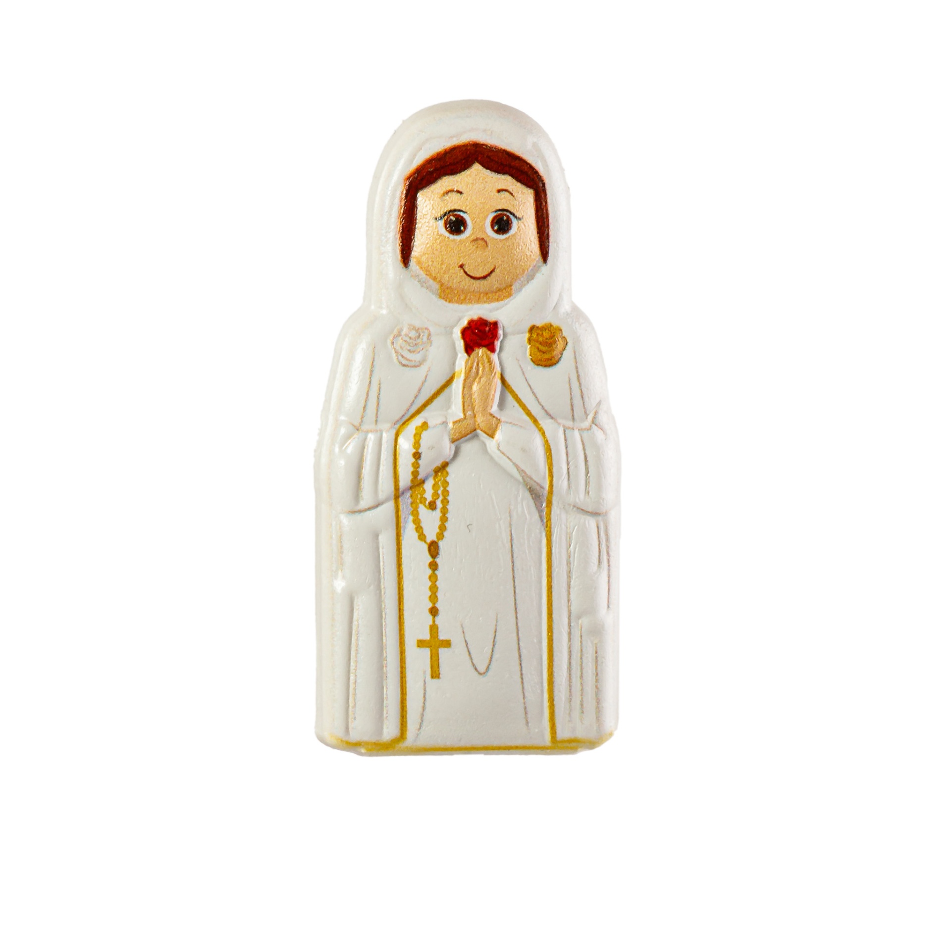 Figura religiosa branca com terço amarelo e detalhes vermelhos