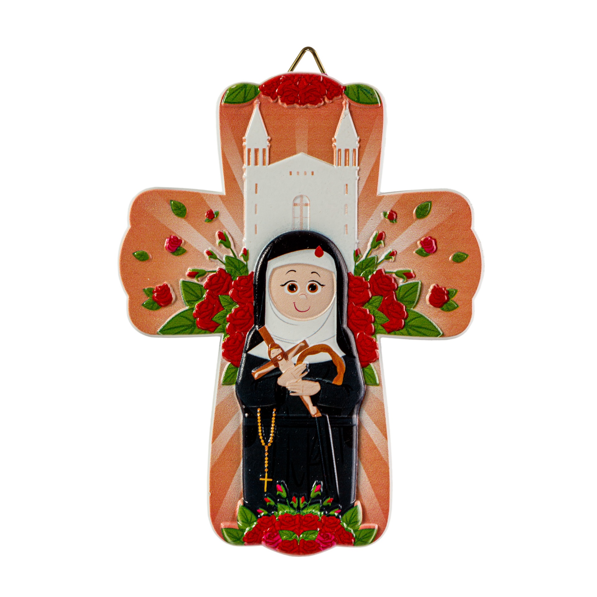 Cruz de madeira decorativa com figura de freira e flores vermelhas