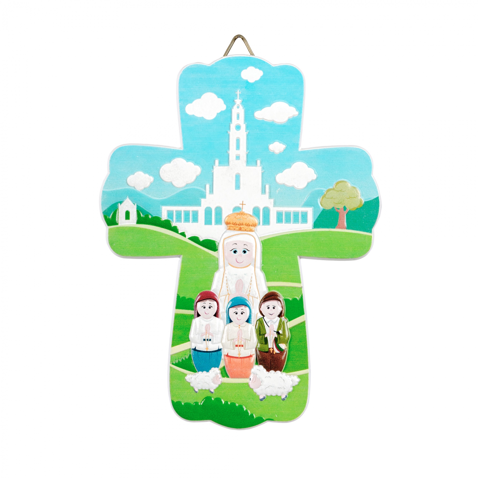 Cruz decorativa de madeira pintada com imagem religiosa colorida