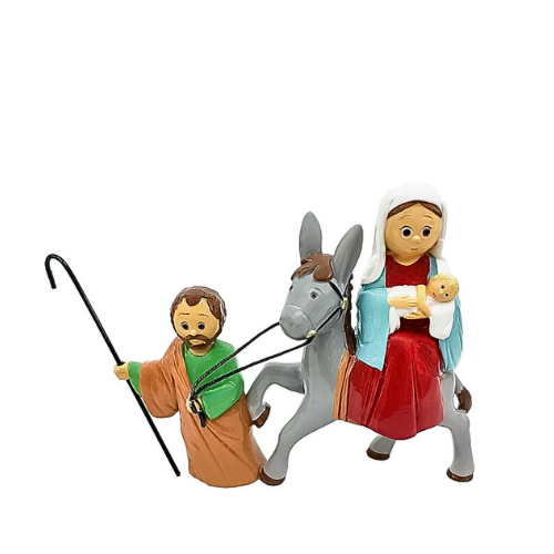 Conjunto figuras São José, burro e Maria com Menino Jesus em plástico colorido