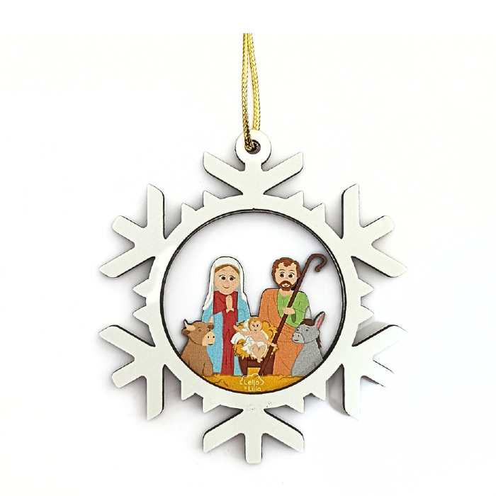 Enfeite de Natal floco de neve com Sagrada Família em madeira